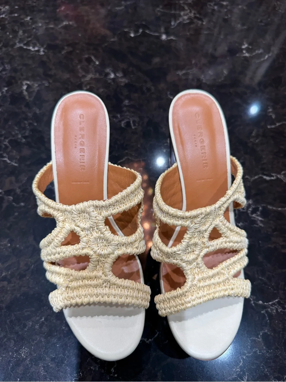 Clergerie Braided Natural Raffia Platform Slide with Floral Wood Wedge